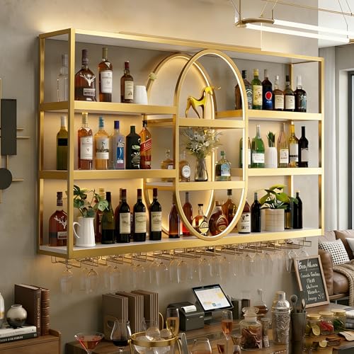 Botellero de Pared de Metal de Gran Capacidad, Estante para Vino de Pared Ovalado Moderno, Soporte para Copas y Botellas, Metal para Vino Industrial, 120-180cm, Negro/Dorado (oro, 120*20*120cm)
