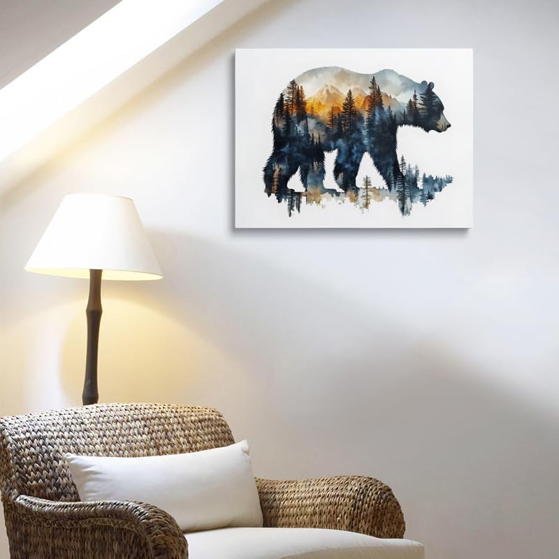 Bear Silhouette Forest Landscape Canvas Wall Art Framed Print Watercolor Painting Nature Wildlife Wall Decor Artwork Poster Sunset Colors Mountain Tree for Living Room Bedroom Office 12x16 Inches - Image 5