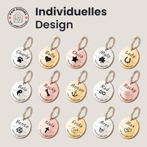 Hundemarke mit Gravur - Personalisiert - Edelstahl - ⌀30mm - Silber - Namensschild für Halsband - Dog Tag - Anhänger Marke für Hunde - mit Symbolauswahl - Tiermarke für Hunde, Katzen, Welpen, Pferde