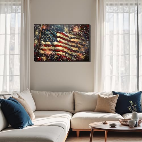Image of Framed 4th of July Fireworks American Flag Wall Art, Patriotic USA Canvas Art Pictures, Flag Wall Decor for Living Room Man Cave Bar, Ready to Hang Made in USA