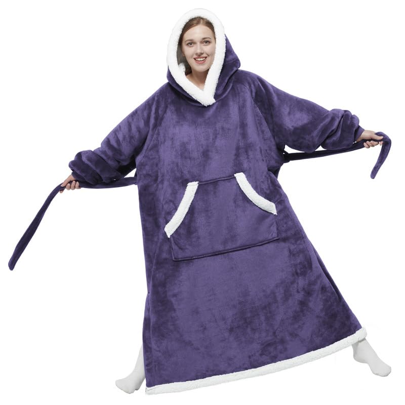 Image of Bedsure Wearable Blanket Hoodie, Long Hooded Blanket Sweatshirt as Birthday Gifts for Women, Cozy Sherpa Hoodie for Adult, Small, Dark Purple
