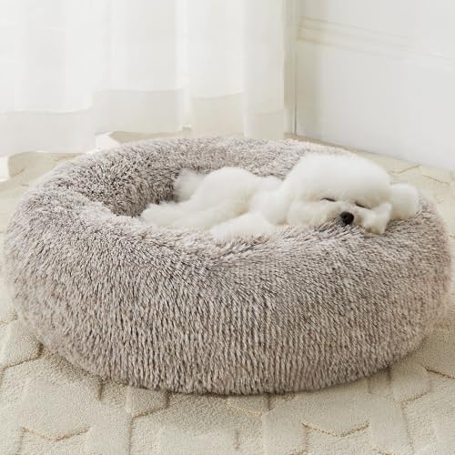 WNPETHOME Calming Dog Bed Cat Bed Donut, Faux Fur Pet Bed Self-Warming Donut Cuddler, Comfortable Round Plush Dog Beds (20 x 20 inch, Light Coffee)
