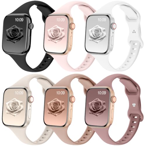 Image of 6 Pack Thin Slim Soft Silicone Bands Compatible with Apple Watch Women Men | 38mm 40mm 41mm 42mm 44mm 45mm 46mm 49mm, Waterproof Lightweight Strap for iWatch Series 11 /10 /9 /8 /7 /6 /5 /4 /3 /2 /1 SE Ultra
