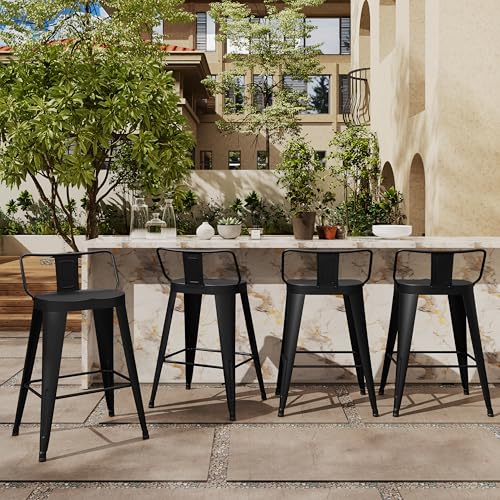 Conjunto de 4 butacos industriales de metal para exterior, altura de barra, asiento grande, respaldo bajo, color negro miniatura 2