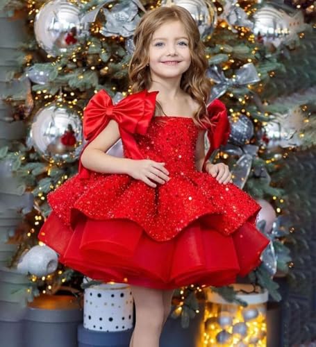 Sparkly Sequin Puffy Flower Girl Dresses A Line Tiered First Communion Gowns with Bow Knot2