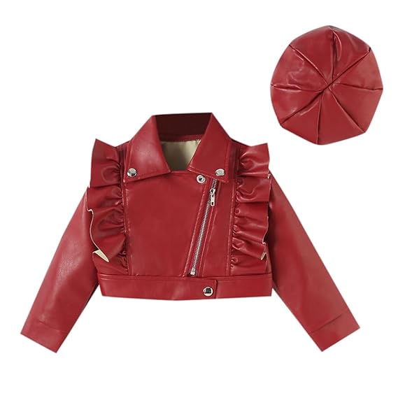 Girls Red Full-Sleeve Ruffled Jacket With Hat