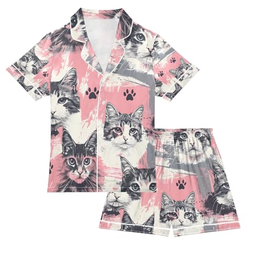 senya Hand Painted Cat Satin Summer Pajama Sets Silk Short Sleeve Button Down Sleepwear
