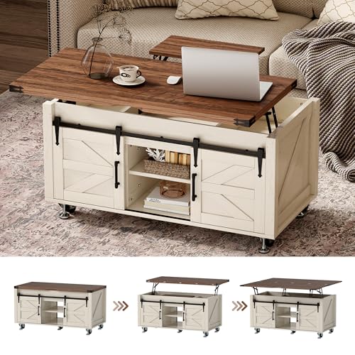 Suuiwau 40” Farmhouse Lift Top Coffee Table with Large Hidden Storage, Rustic Coffee Tables with Sliding Barn Doors and Lockable Wheels, Center Table with Lifting Tabletop for Living Room (White)
