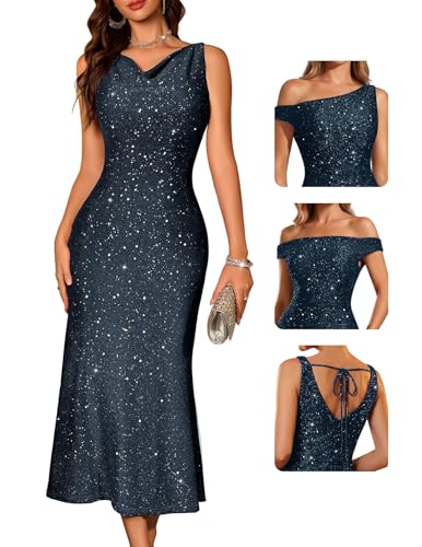 BeryLove Sequin Formal Sparkly Homecoming Gowns Evening Party Cocktail Bodycon Midi Wedding Guest Dresses Long Sparkle Sleeveless Prom Ruched Cowl Neck Dress 0035 Navy M