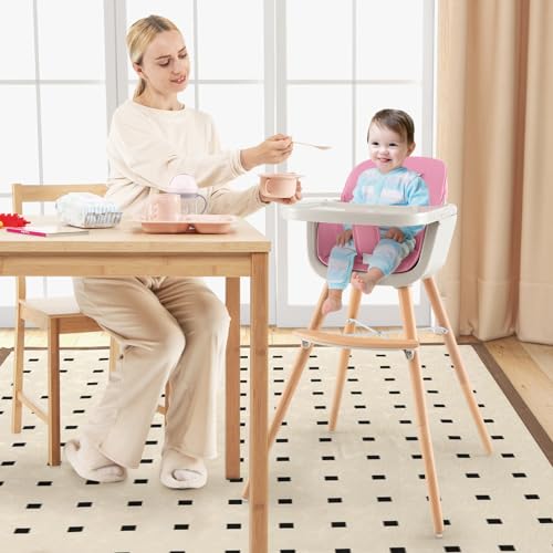 HONEY JOY Baby High Chair, 6-in-1 Eat & Grow Wooden Highchair/Toddler Chair with Removable Tray, 5-Point Harness, PU Cushion and Footrest, Convertible High Chair for Babies and Toddlers(Pink)
