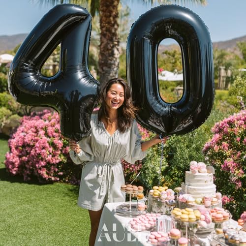 Image of AULE 40 Inch Jumbo Black Foil Mylar Number Balloons for Men Women 40th Birthday Party Decorations 40 Years Old Anniversary Party Supplies