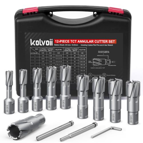 Kolvoii 12pc TCT Annular Cutter Set, Diameter 1/2" to 1-1/16", 1-3/8" Depth