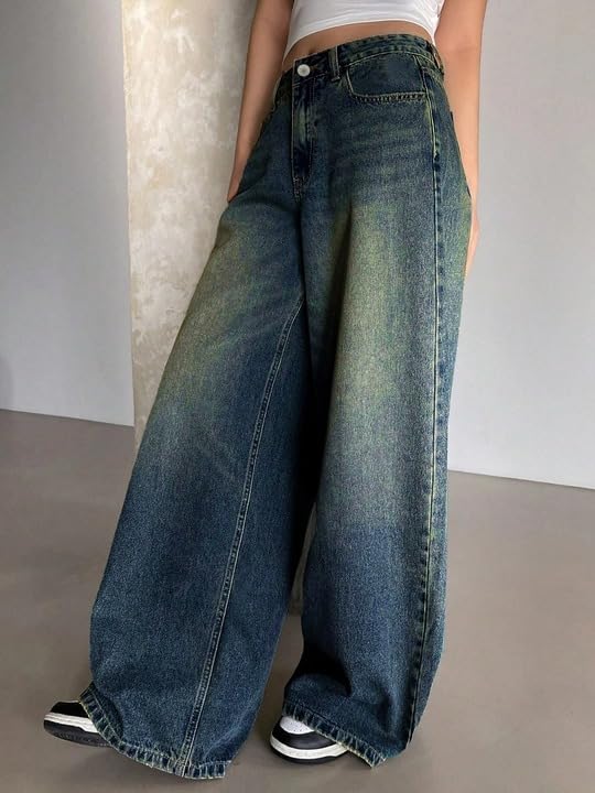 Image of KOTTY Women Trendy Wide Leg Jeans High Waist Baggy Fit Denim Streetwear Jeans