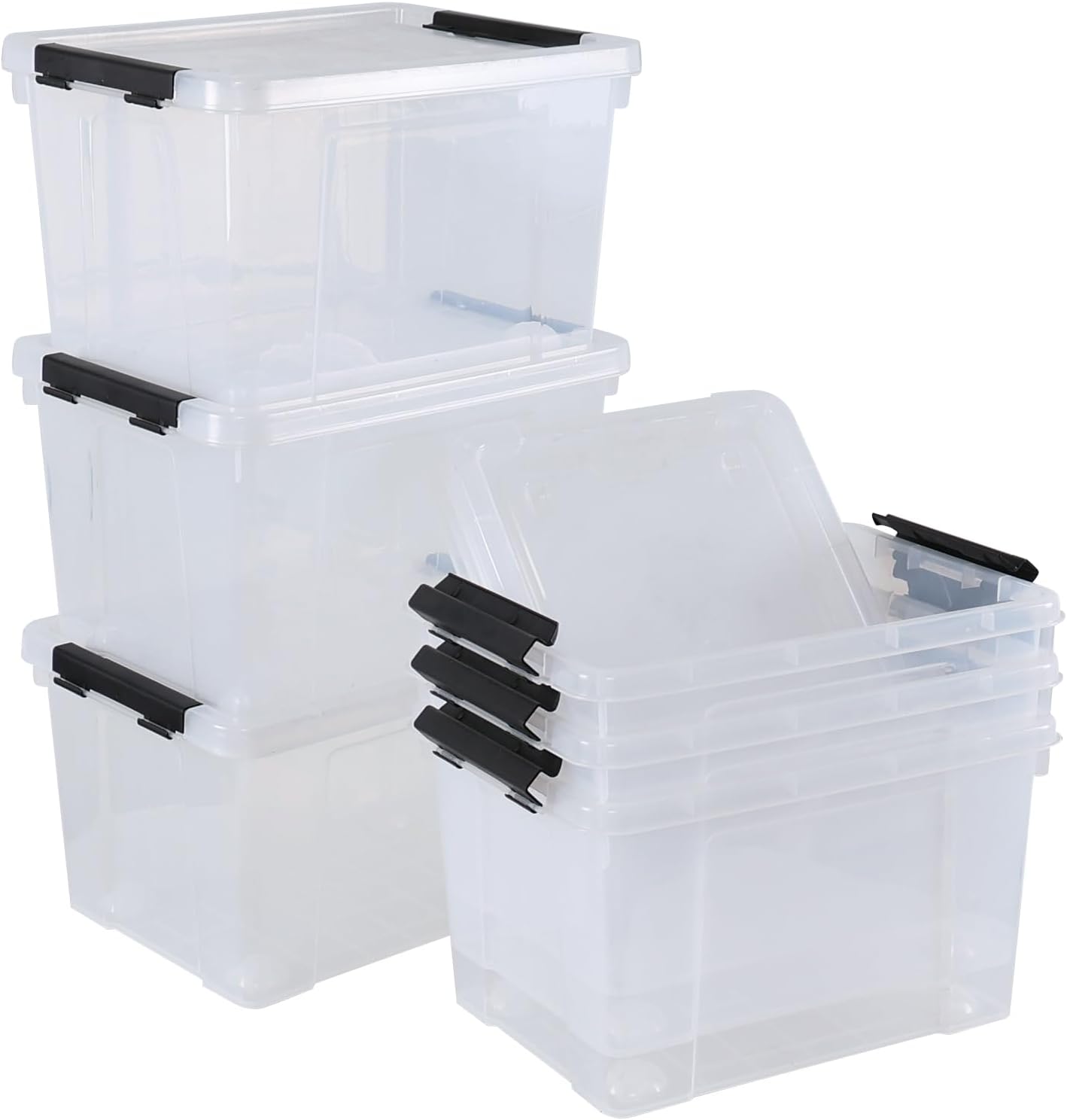 Ggbin 4 Packs 50 Quart Plastic Container Bin with Lids, Latching Storage Box with Wheels, Clear