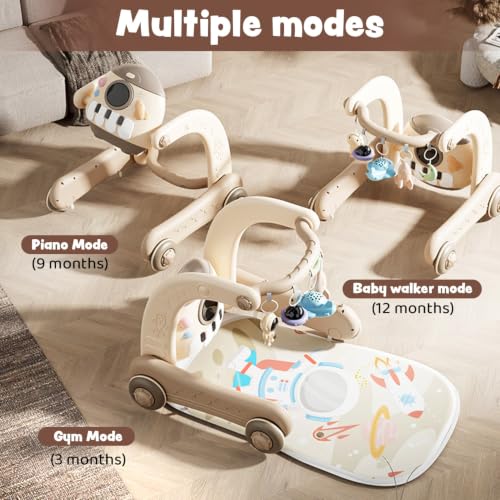 Image of Baybee 4-in-1 Activity Baby Walker for Kids with Convertible Play Gym, Musical Piano & Push Walker | Interactive Hanging Toys, Lights, Anti-Slip Wheels for Babies 0 to 3 Years (Brown)