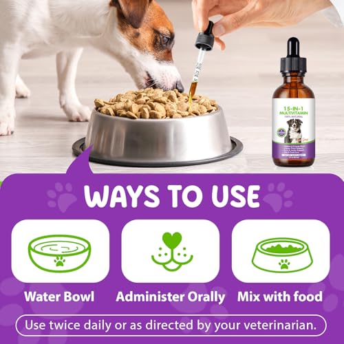 15 in 1 Multivitamintropfen für Hunde, 60 ml tägliche Vitamine für Hunde, hilft bei Hüfte und Gelenken, Immunsystem, Haut, Fell und Darmgesundheit