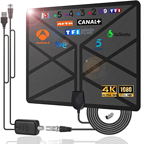 Antenne TV Intérieure 36DBI - Portée 250 Km, Amplificateur Intégré - Pour TV HD, 4K, Smart TV - Installation Facile