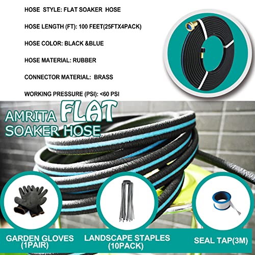 Amrita Flat Soaker Hose Kit 100Ft (25Ft Pack Of 4) With Brass Ends, Heavy Duty Rubber Garden Hose, Saves 70% Water For Lawn, Garden Beds. （25Ft X 4 Pack） #TOP1