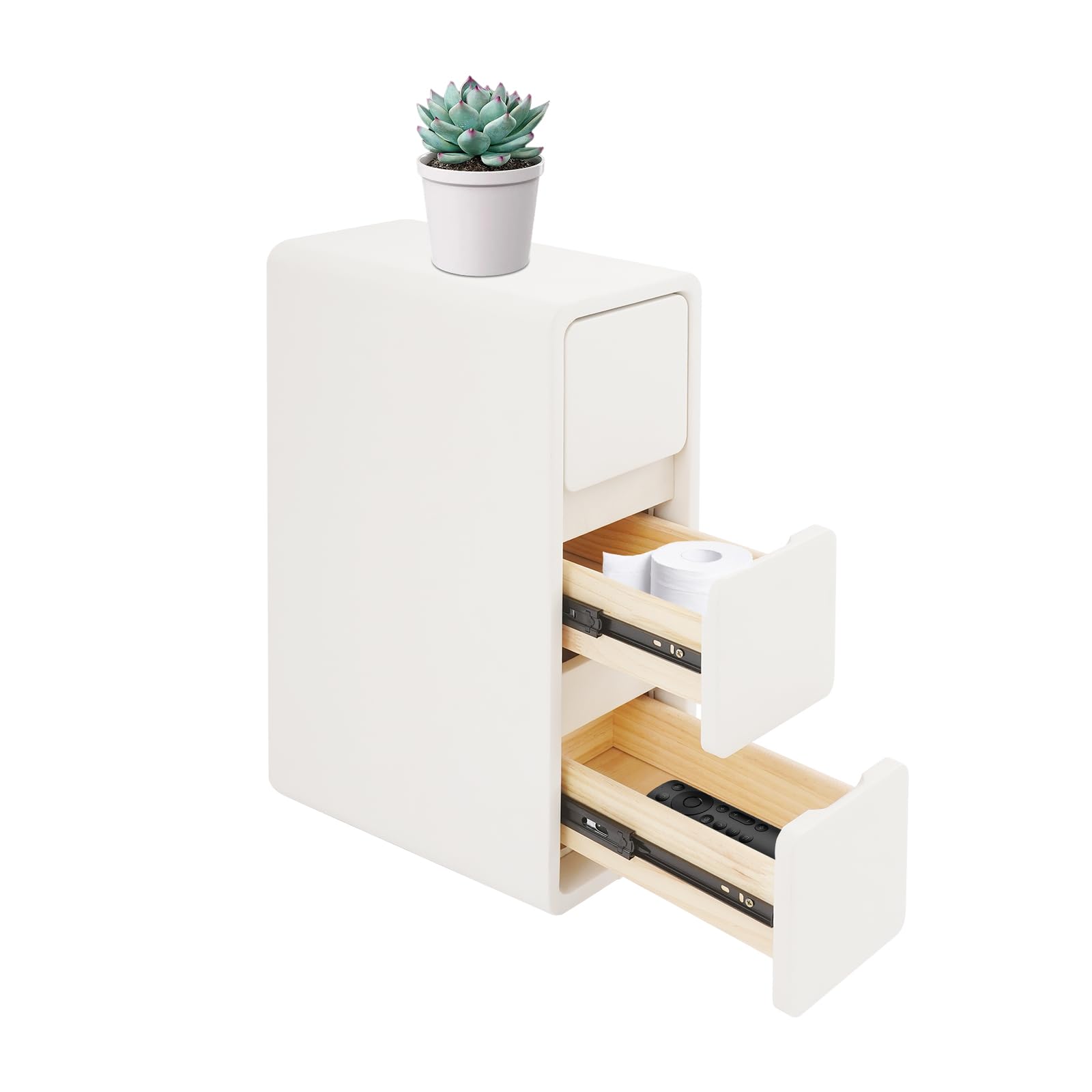3-Layers Narrow, Solid Wood Bedside Table with Drawers, Modern Night Stand Top Storage Platform, PU Wrapping Side End for Bedroom Living Room Office (Off-White)