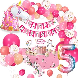 Humairc 5th Birthday Decoration, Unicorn Balloons Birthday Decorations Set Girls Unicorn Party Bags Happy Birthday Banner Cake Topper Tablecloth Large Number 5 Balloon Unicorn Balloon, 5th Girls Decor