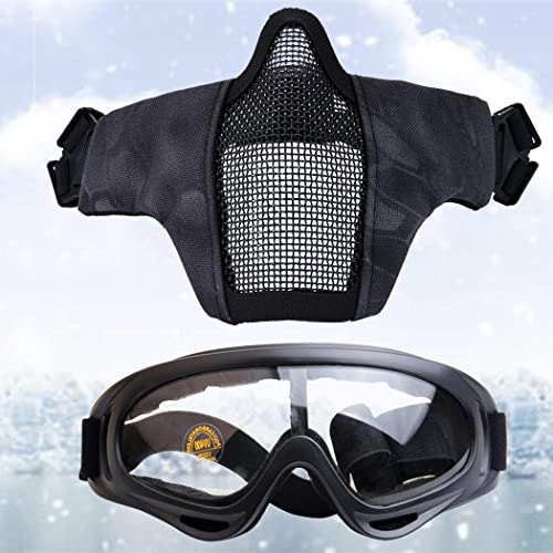 Fansport Airsoft Mask Tactical Goggles Set, Lower Half Face Mesh Masks Foldable Steel Mesh Mask Airsoft Protective Mask With Goggles Set For Hunting, Shooting, Paintball (Black) #TOP6