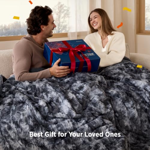 Image of Bedsure Faux Fur Heated Blanket Throw, Tie-Dye Cozy Electric Blanket, Black