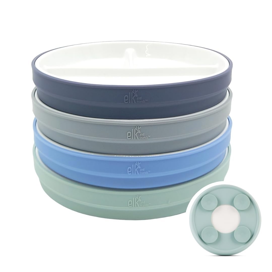 Elk and Friends Kids 7.8 Porcelain White Divided Plates with Silicone Suction Sleeves | Suitable for Babies/Toddlers | Microwave & Dishwasher Safe | Stay Put Dinnerware | Snack Dishes | 4 Pack