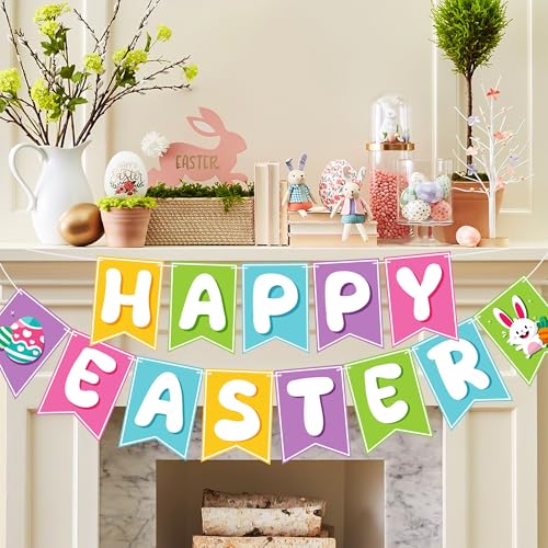 Image of OHOME Easter Decorations - Happy Easter Banner | Bunny Party Decorations for Indoor Outdoor Outside - Bunny Egg Garland for Front Door | Easter Backdrop Wreath for Window Wall - Easter Decor