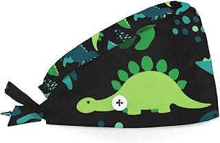 Bouffant Scrub Caps Printed Working Surgical Cap Green Dinosaurs Nurse Hats with Buttons and Sweatband Adjustable Tie Back Hat for Women Men Multi Color