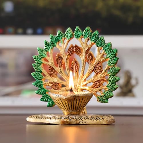 Image of KridayKraft Exquisite Diya Figure Decorative Showpiece - Traditional Handcrafted Home Decor Accent for Festive Celebrations, Pooja Room, Temple, Office, and Living Space, Elegant Art (Golden)