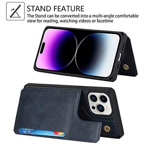 Image of Cavor for iPhone 14 Pro Case with Card Holder,for iPhone 14 Pro Wallet Case for Women Men,Phone Case for iPhone 14 pro with Stand Credit Card Holder, Leather Strap Shockproof Cover-Blue
