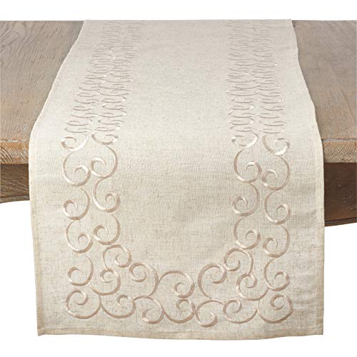 SARO LIFESTYLE 493.N1672B Swirling Collection Embroidered Design Linen Blend Table Runner, 80% polyester-20, Natural