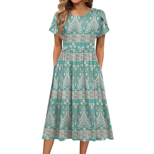 Hotouch Women Summer Dress 2024 Short Sleeve Midi Dress Casual T Shirt Flowy Dress Beach Sundress with Pockets