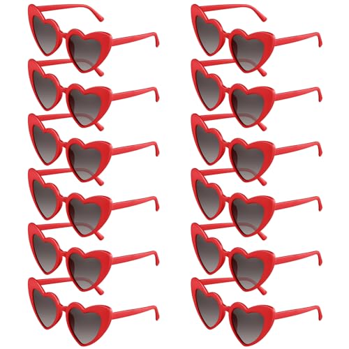 BOUBONI 6/12/24/48 Brillen Herz-Sonnenbrillen Vintage-Herzform Brille Bachelorette Sonnenbrillen für Damen Hochzeitsfeier (12 Red)