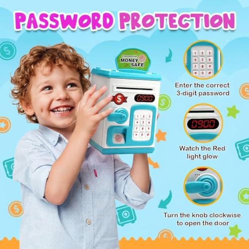 Image of Umadiya Electronic Fingerprint Money Safe Piggy Bank for Kids | Lock ATM Savings Bank with Auto Cash Roll-in, Coin Slot & Music | Educational Password Touch Finger Sensor Savings Bank Toy for Gift