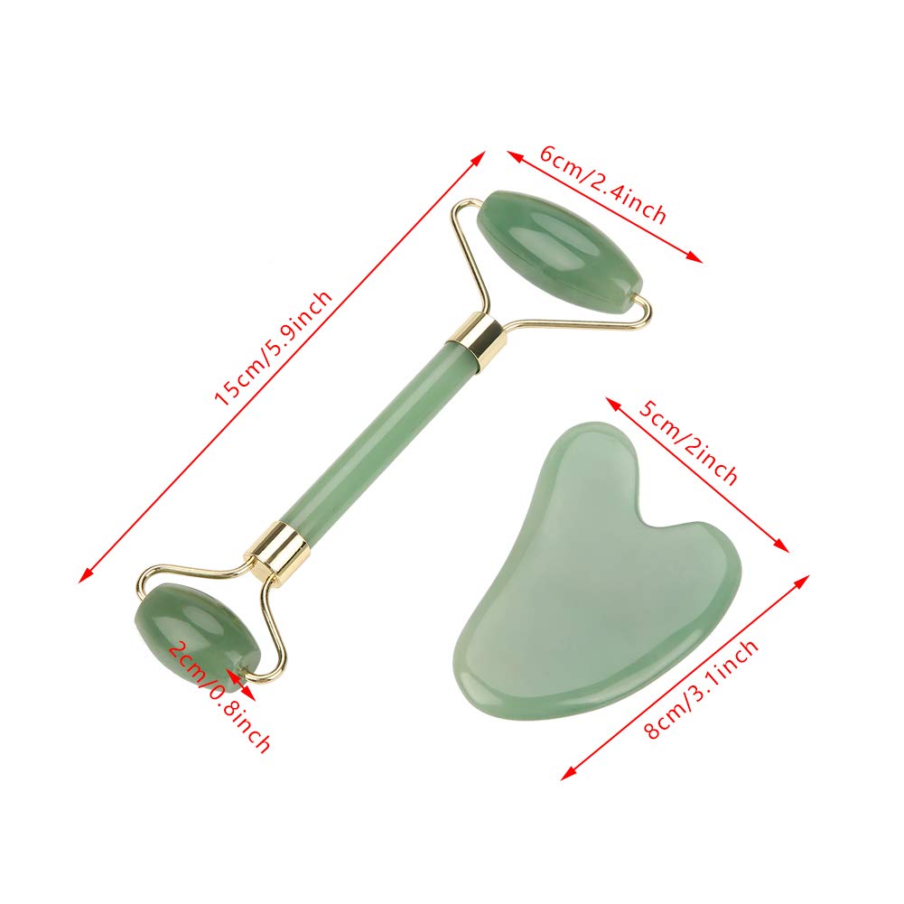 Hztyyier Herramienta de Masaje de desguace de Piedra Natural Gua Sha Tablero de Gua Sha de Cuarzo Verde con Rodillo de Jade de Doble Cabeza para Masaje Facial Relajante en el Cuello y SPA