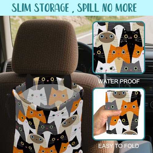 Image of Car Trash Bag Cute Cartoon Cats Leak-Proof Waterproof Car Garbage Bag with Drawstring Foldable Canvas Trash Bin with Adjustable Buckle for Car Accessories, Travelling, Camping