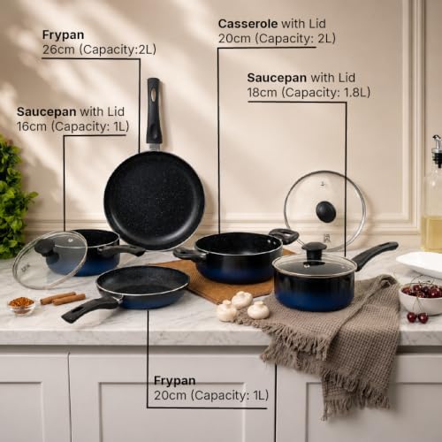 Image of Kreme Aura Granite Non Stick Cookware Set 10pcs | Aluminium Cookware Set | Fry Pan 20cm, 26cm, Sauce Pan 16cm, 18cm, Casserole Pot 20cm with 3 Glass Lid | Induction & Gas Compatible, Blue | Granite Cookware Set
