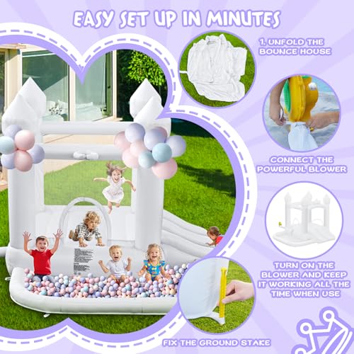 White Bounce House, Inflatable Bounce Castle with Double Slide Ball Pit 370W Blower Bouncer for Toddler, Bounce House Bouncy Castle for Indoor Outdoor Backyard Wedding Kids Birthday Party - Image 6