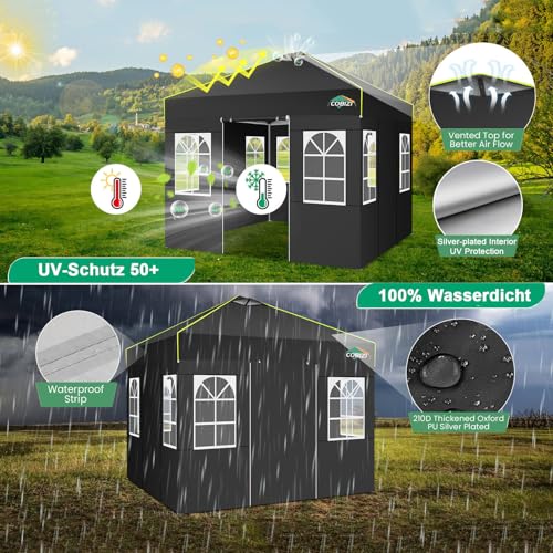 Image of COBIZI 10x10 Pop Up Canopy Tent with 4 Removable Sidewalls, One Push Party Tent Outdoor Waterproof Event Canopy with Air Vent for Parties Commercial Wedding, 3 Height, Carry Bag, Sandbag, Black