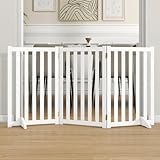Picture of 30" Height Tall Freestanding Pet Gate, Solid Wood Folding Safety Fence Wooden Dog Gate with 2 PCs Support Feet Ideal for Stairs, Doorways, Halls, Kitchens, Heavy Duty Gates, 3 Panels, White