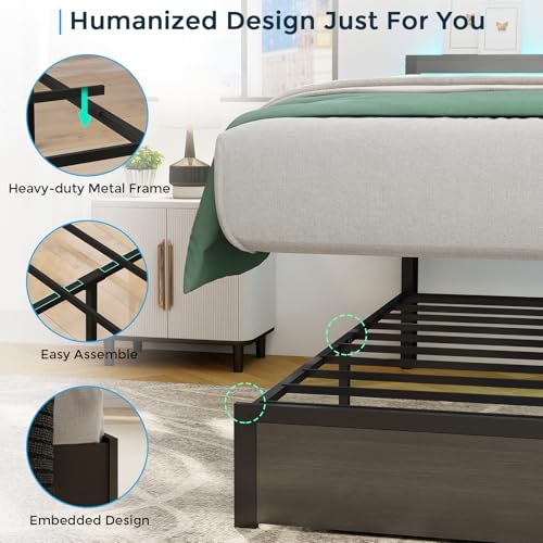 Image of Queen Bed Frame with 2 Storage Drawers, Queen Size Bed Frame, Rustic Grey | LED Light, Charging Station, Wood Headboard, Metal Platform, No Box Spring Needed, Noise Free, Easy Assembly