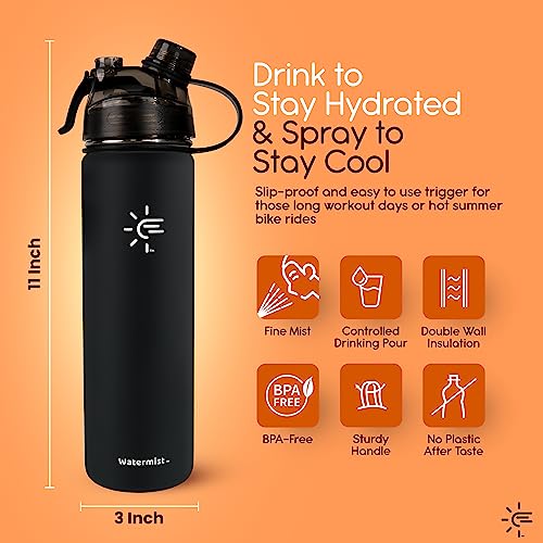 Watermist Stainless Steel Water Bottle With Spray Mist - 22 Oz, Double Wall Insulated Thermos, Cup Holder Friendly, Leak Proof Misting Gym & Sport Metal Canteen (Black) #TOP2