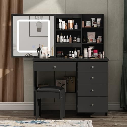 Saterkali Coiffeuse Avec Miroir, Miroir Coulissant, Table De Maquillage