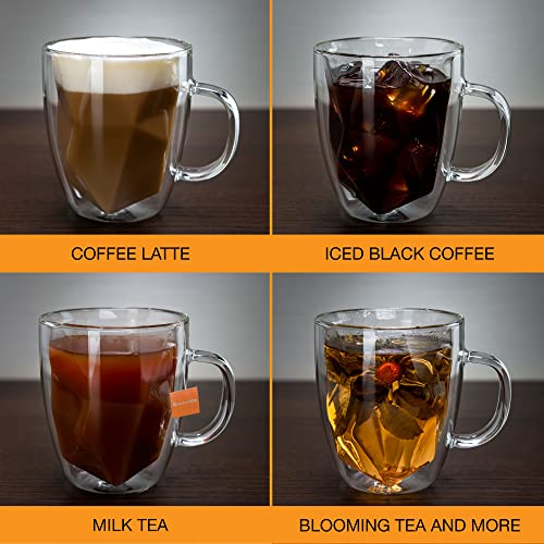 Double Wall Glass Coffee Mugs 16 Oz - Large Clear Set Of 2 - Patent Pending Geometric Modern Novelty Design - Insulated & Double Walled Glass Coffee Mugs. Ideal For Latte & Cappuccino #TOP7