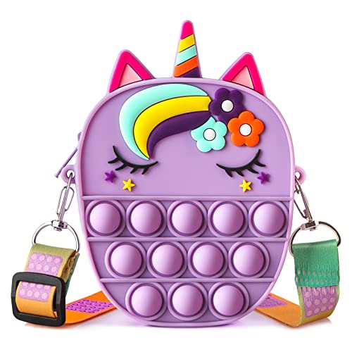Aolcev Pop Purse Fidget Shoulder Bags for Girls Women, Pop Bag Lovely Unicorn Fidget Crossbody Bag Toy School Supplies, Push Bubble Handbags Puppet Wallet for Students Teens