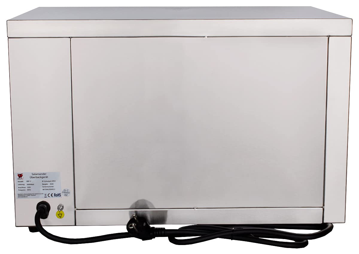 Beeketal 'BSP-2' Profi Gastro Salamander Grill Überbackgerät aus Edelstahl mit 1 Gitter (4 Höhen), 5-30 Minuten Timer, Thermostat 50-300 °C (direkt an der Heizspirale), extra Krümelschublade