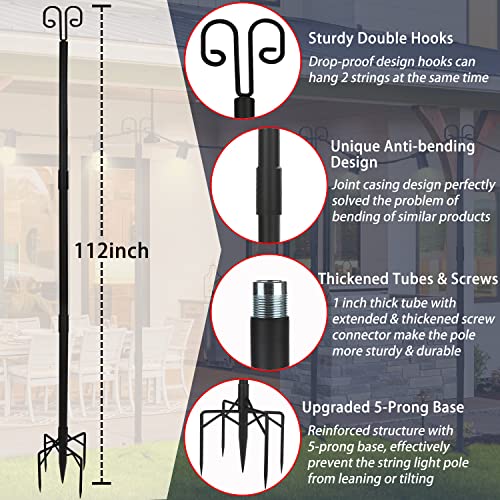 Fevaki String Light Poles For Outdoor String Lights 2 Pack,9.3Ft Height Adjustable Metal Stand Pole With Hooks For Hanging String Lights，Garden, Backyard, Patio Lighting Stand For Parties, Wedding #TOP3