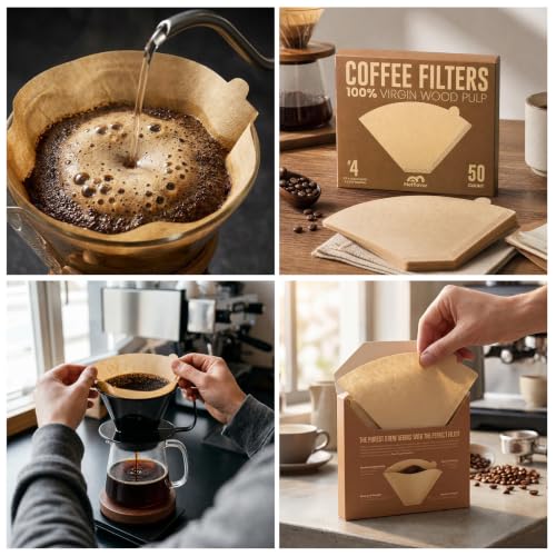 Image of 200 Count #4 Cone Coffee Filters, Unbleached Natural Paper Coffee Filters for 8-12 Cup Coffee Makers, Disposable #4 Cone Filters Compatible with Ninja Cuisinart, Drip Coffee Maker & Pour Over Brewers