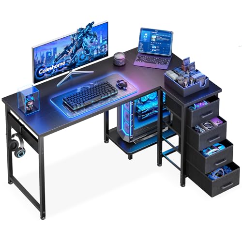 Coleshome Escritorio Gaming Esquinero con 4 Cajones, 120x70cm, Negro